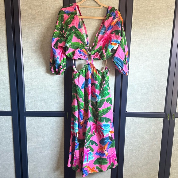FARM Rio x Anthropologie Tropical Print V-Neck Cutout Midi Dress, NWT, Size M - Picture 3 of 6